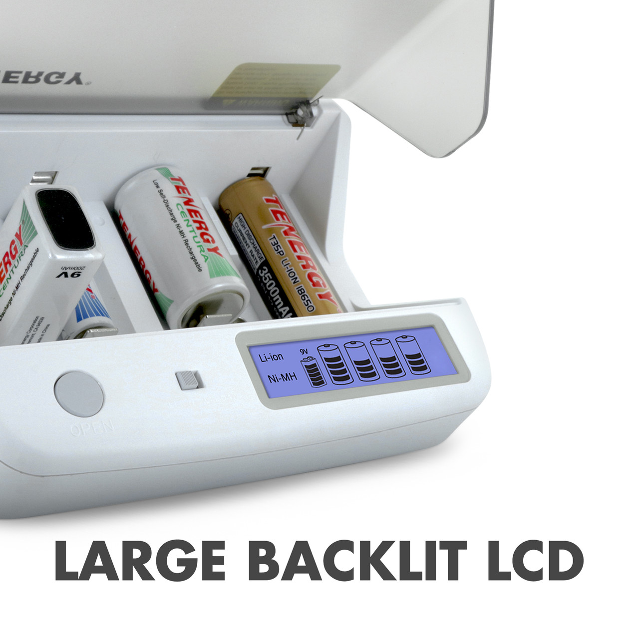 Tenergy charger with a large backlit LCD display providing real-time status updates for multiple batteries.
