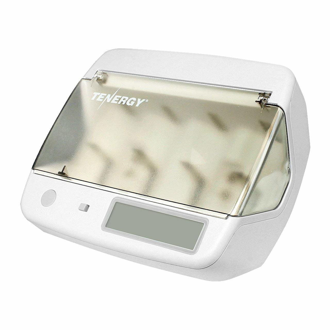 Tenergy TN299 Hybrid Universal Charger featuring a protective clear lid and compact electronic design.