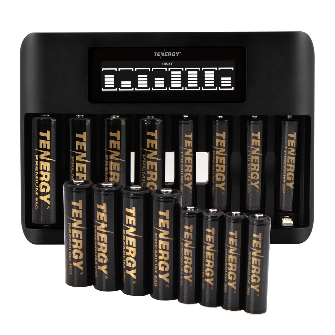 Eight-slot rechargeable battery station displays real-time status for high-drain device owners using Tenergy AA cells.