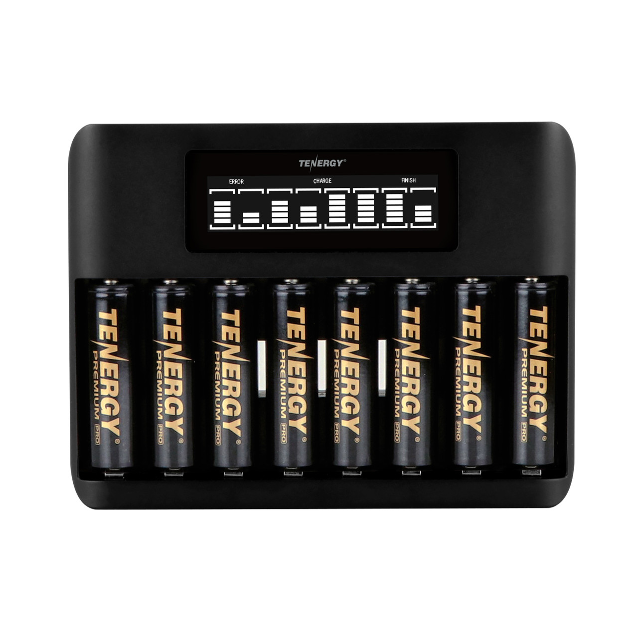 Eight-slot rechargeable battery station displays real-time status for high-drain device owners using Tenergy AA cells.