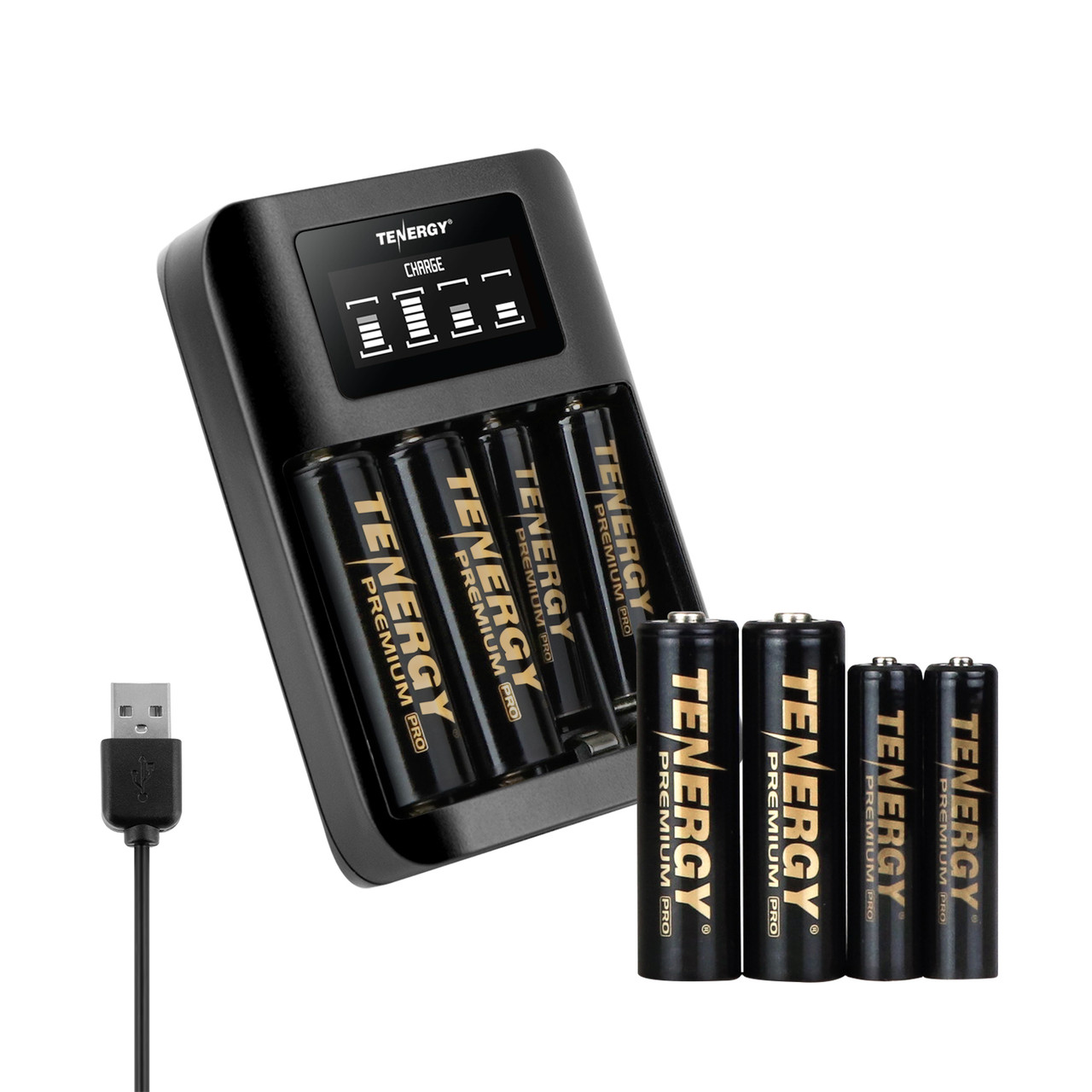 USB battery charger kit with eight Premium Pro batteries for photographers using high-drain equipment.
