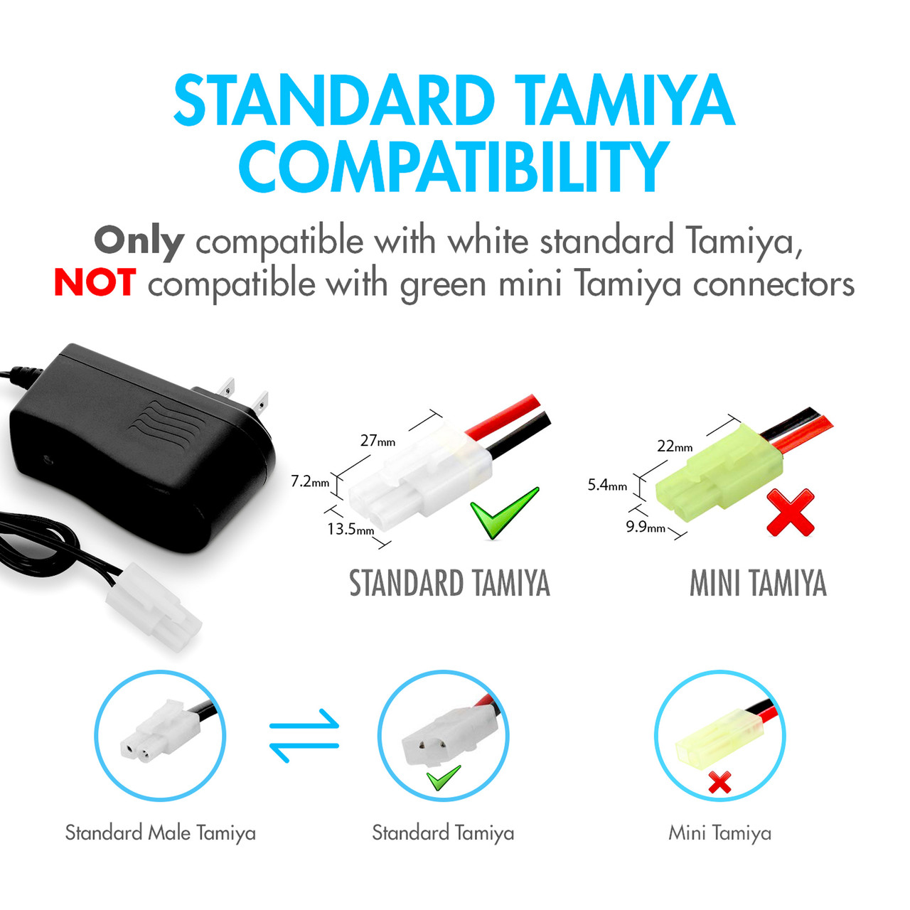 Close-up of standard Tamiya connector dimensions to ensure proper fit for specific radio-controlled hobby equipment.