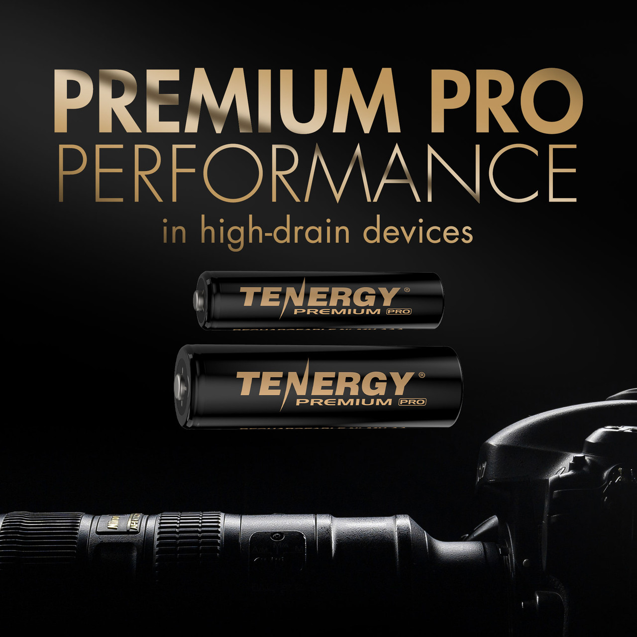 Tenergy Premium Pro rechargeable AA batteries designed for professional high-drain devices like DSLR cameras and flashes.