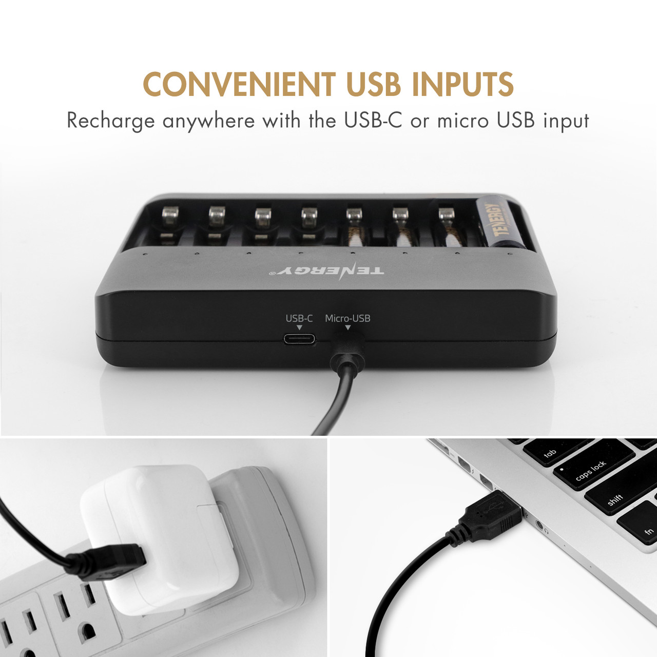 Dual-input USB battery charger featuring USB-C and Micro-USB ports to recharge batteries via laptops or wall adapters.