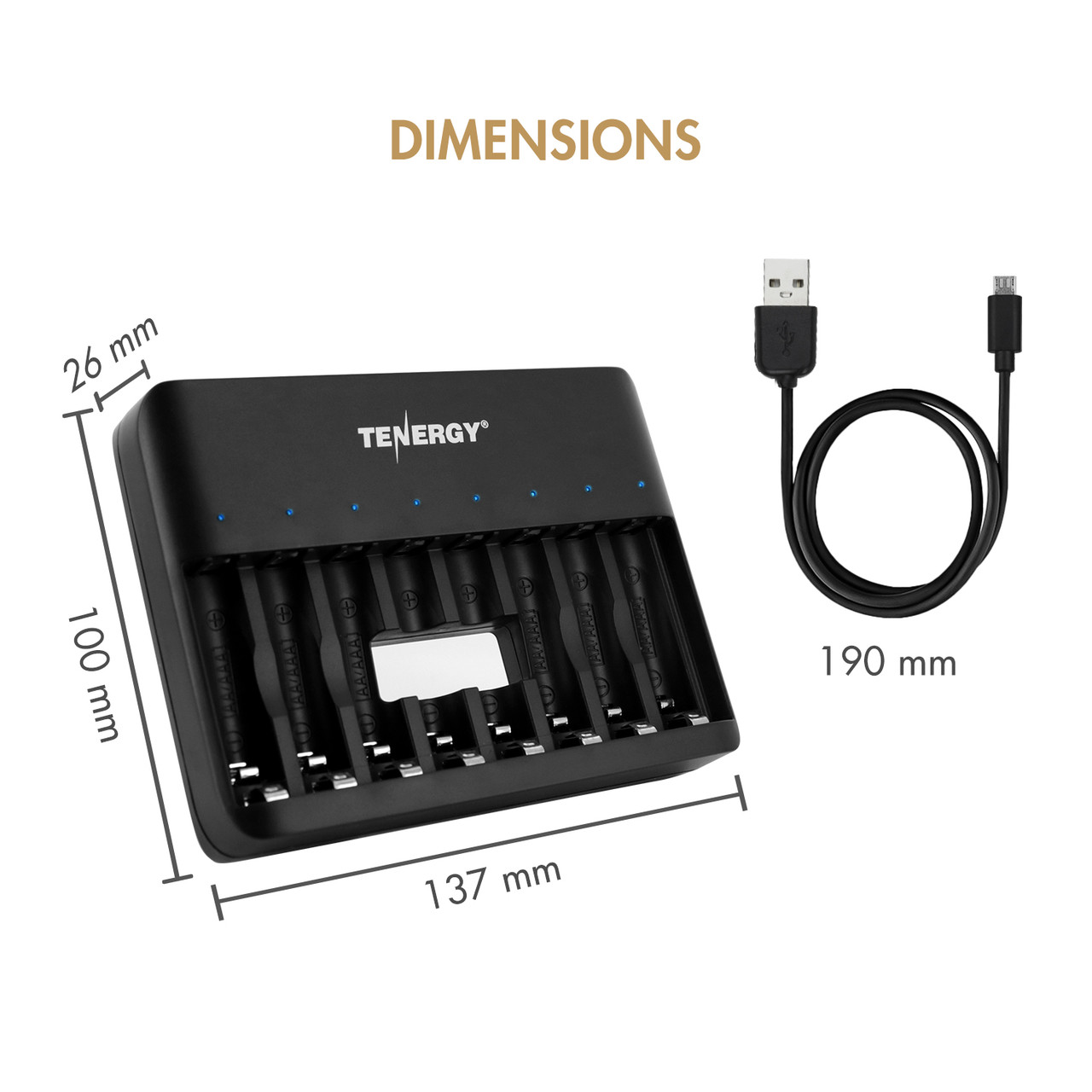 Tenergy 8-slot NiMH battery charger featuring compact 137mm x 100mm dimensions for easy travel and efficient power management.