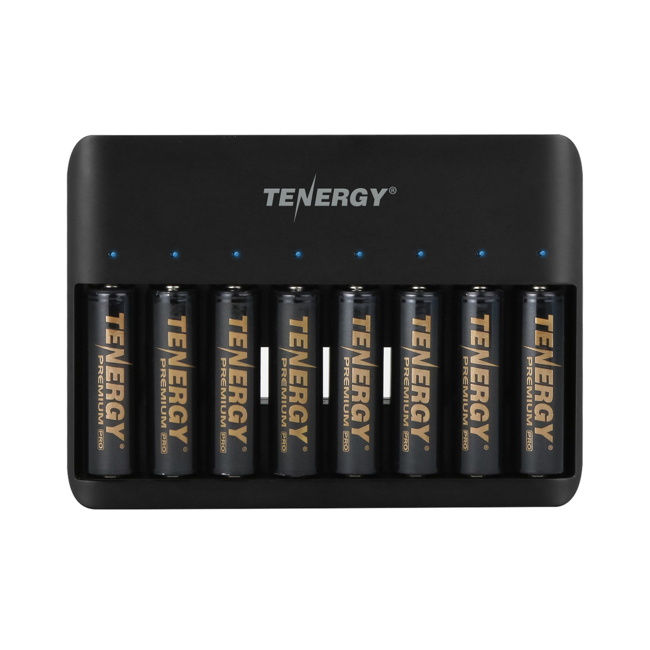Tenergy 8-slot rechargeable battery charger with compact 137mm dimensions and a 190mm USB cable for portable power.