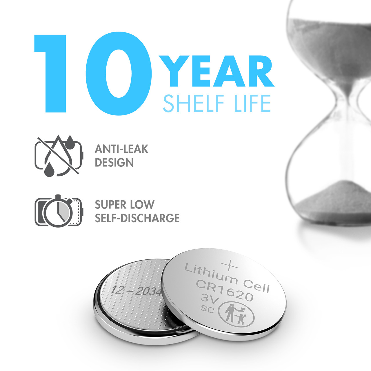 Tenergy CR1620 3V battery featuring a 10-year shelf life and anti-leak design for long-term storage.