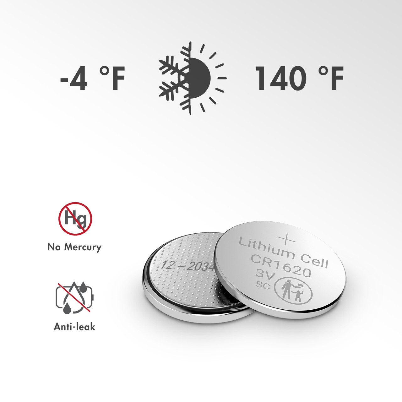 Mercury-free CR1620 coin cell with a wide temperature range for various outdoor sensors and monitors.