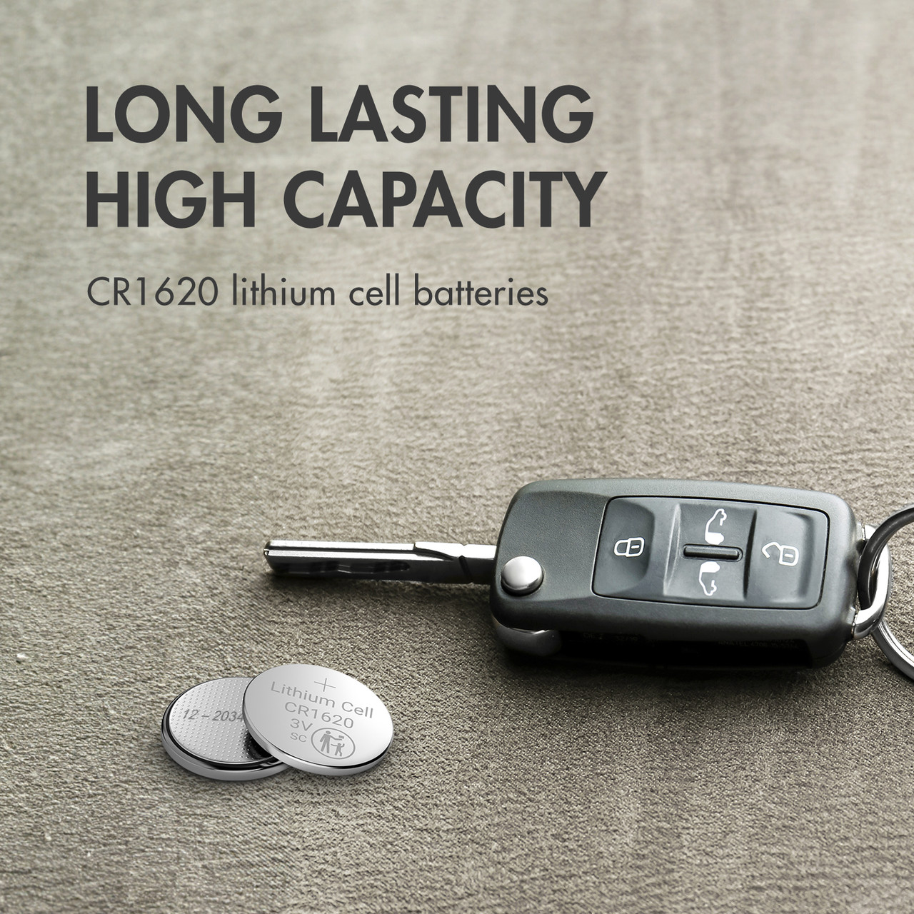 Long lasting CR1620 lithium cell battery installed in a car key fob remote for daily vehicle access.