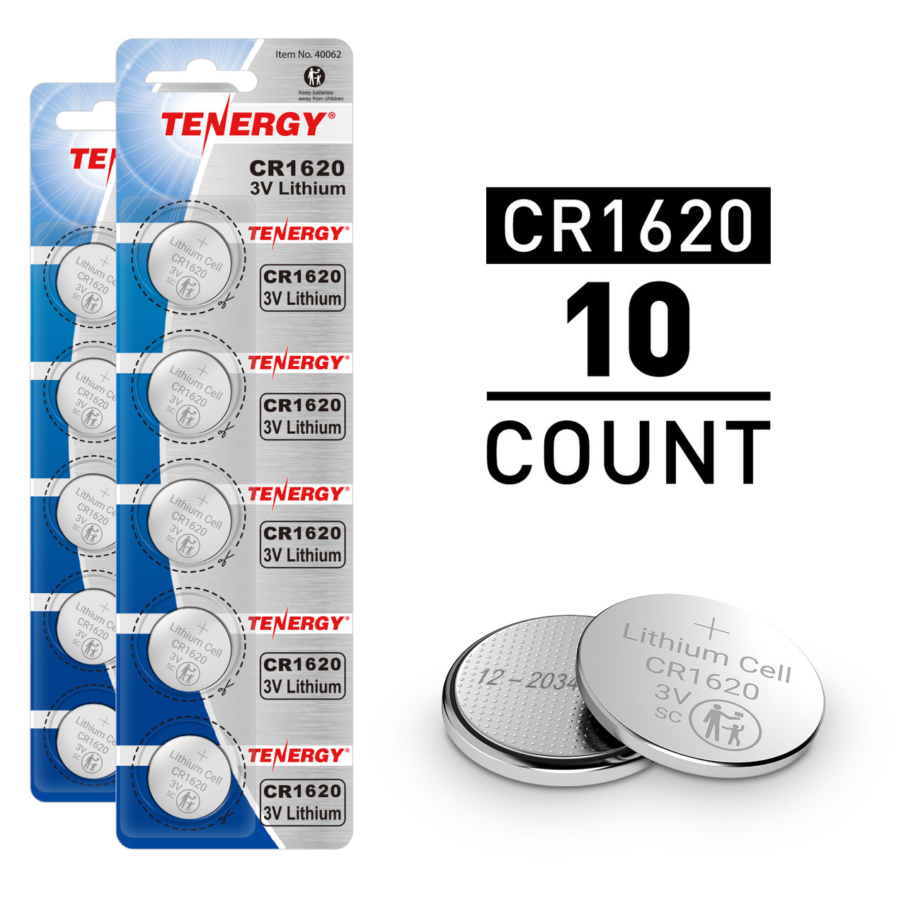 Tenergy CR1620 3V lithium coin cell batteries in a 10-count pack for small electronic devices.