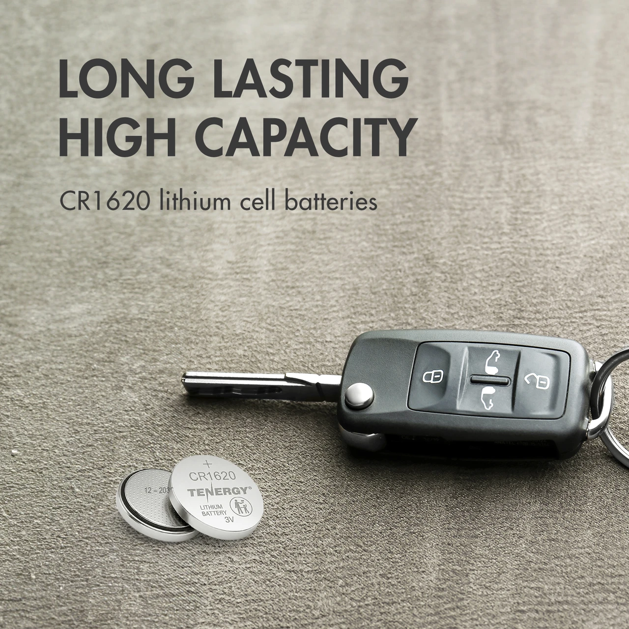 Long lasting CR1620 lithium cell battery installed in a car key fob remote for daily vehicle access.