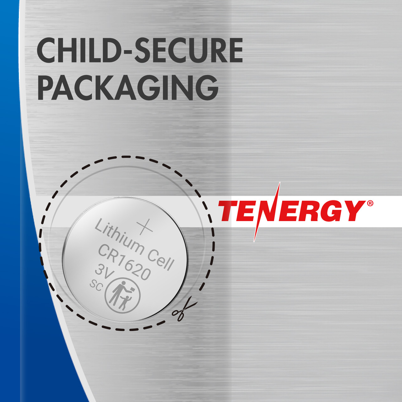 Tenergy CR1620 battery in child-secure packaging to prevent accidental ingestion by young children.