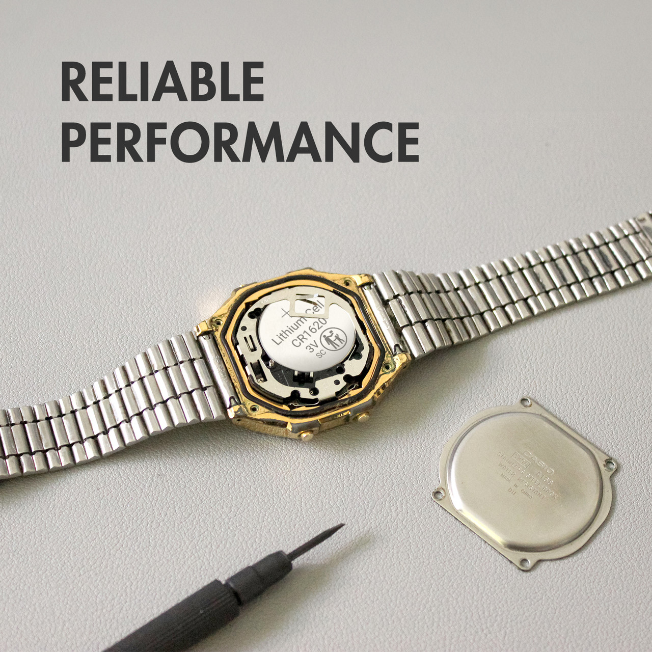 CR1620 battery provides reliable performance for a digital wristwatch and other precision electronics.