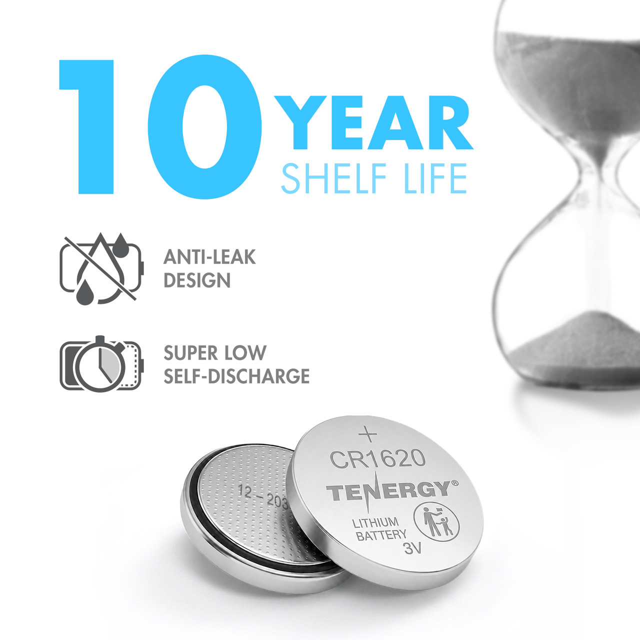 Tenergy CR1620 3V battery featuring a 10-year shelf life and anti-leak design for long-term storage.