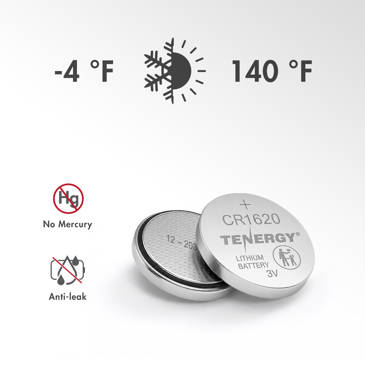 Mercury-free CR1620 coin cell with a wide temperature range for various outdoor sensors and monitors.