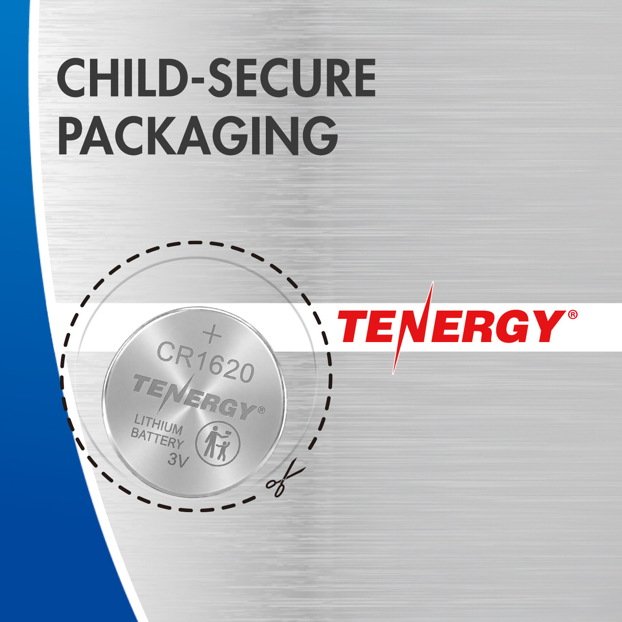 Tenergy CR1620 battery in child-secure packaging to prevent accidental ingestion by young children.