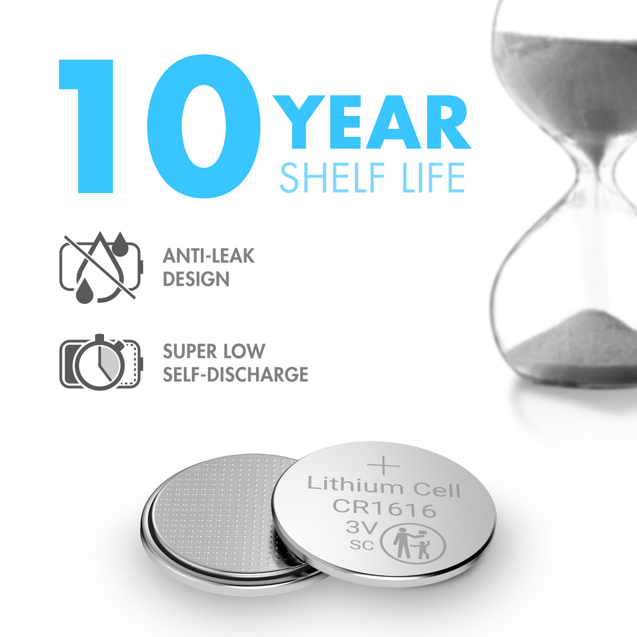 Tenergy CR1616 3V battery featuring a 10-year shelf life and anti-leak design for long-term storage.