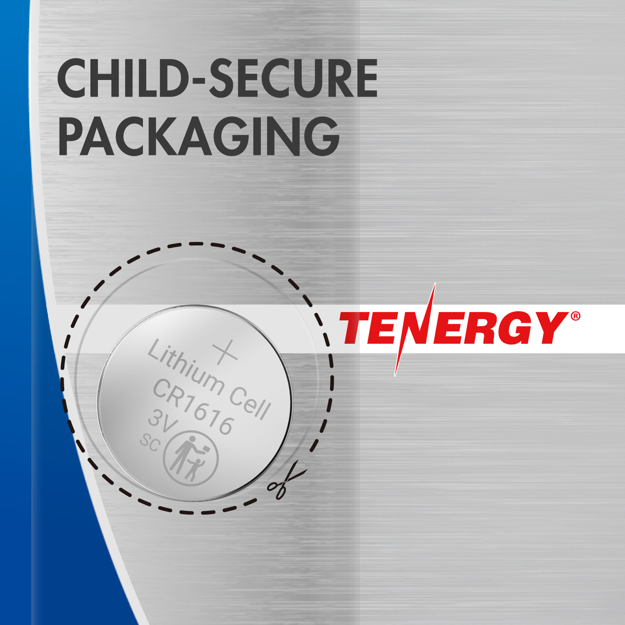 Tenergy CR1616 battery in child-secure packaging to prevent accidental ingestion by young children.
