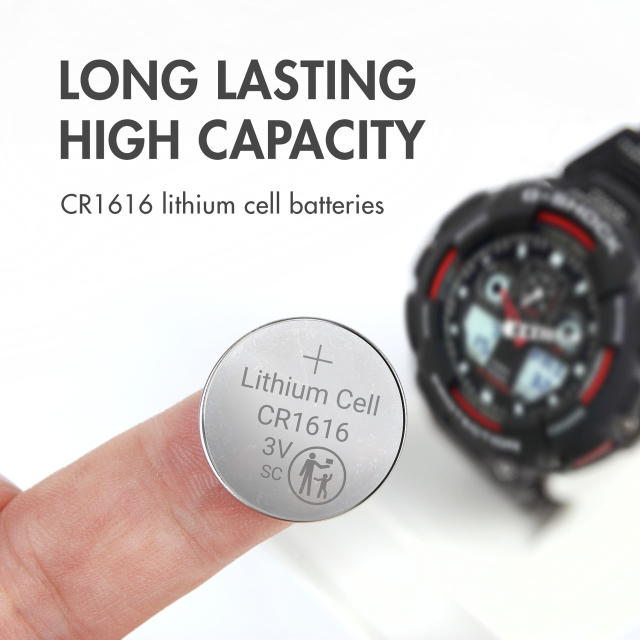 This CR1616 button cell battery offers high capacity for digital wristwatches and compact daily wearables.