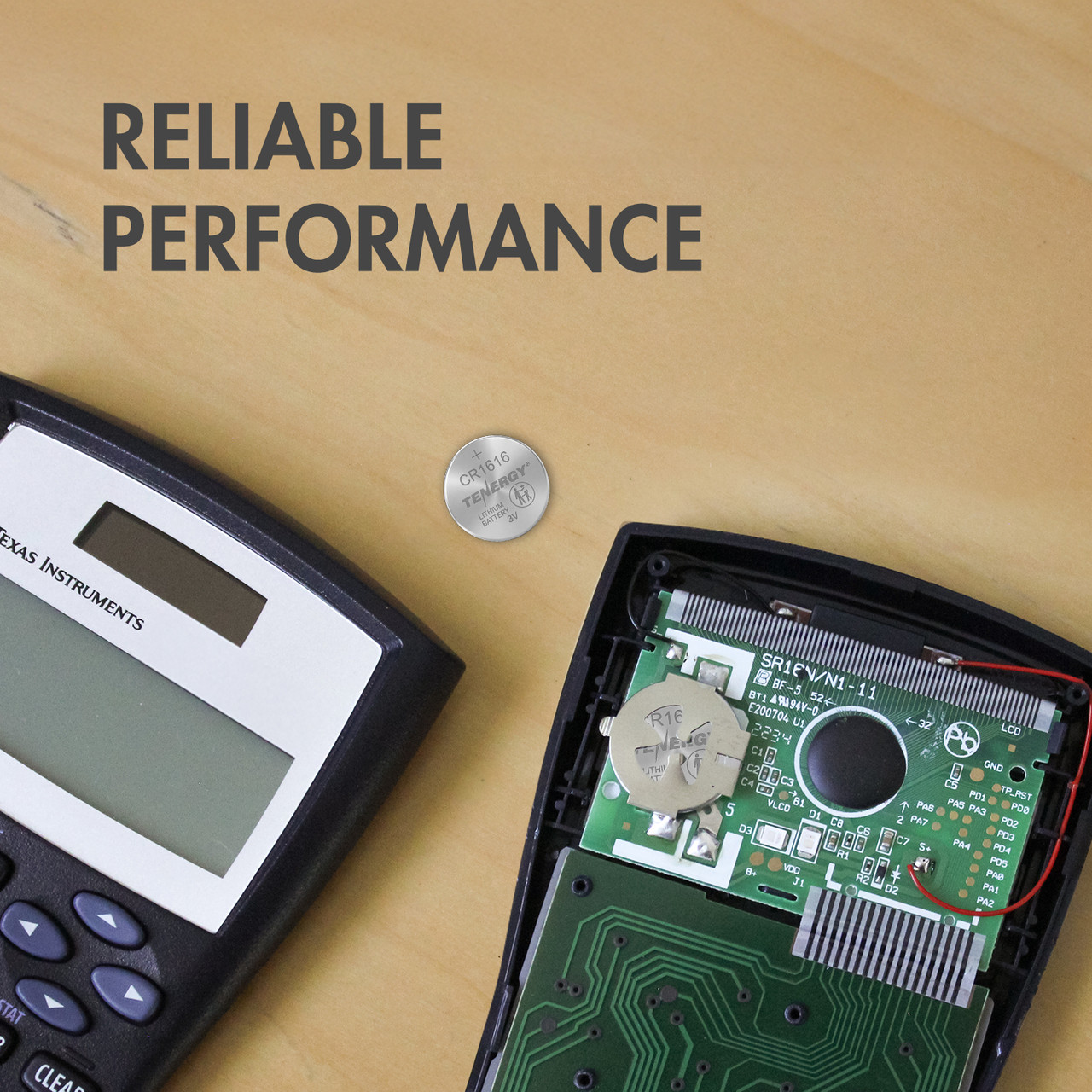 A CR1616 lithium battery replaces the internal power cell inside a scientific calculator for student use.