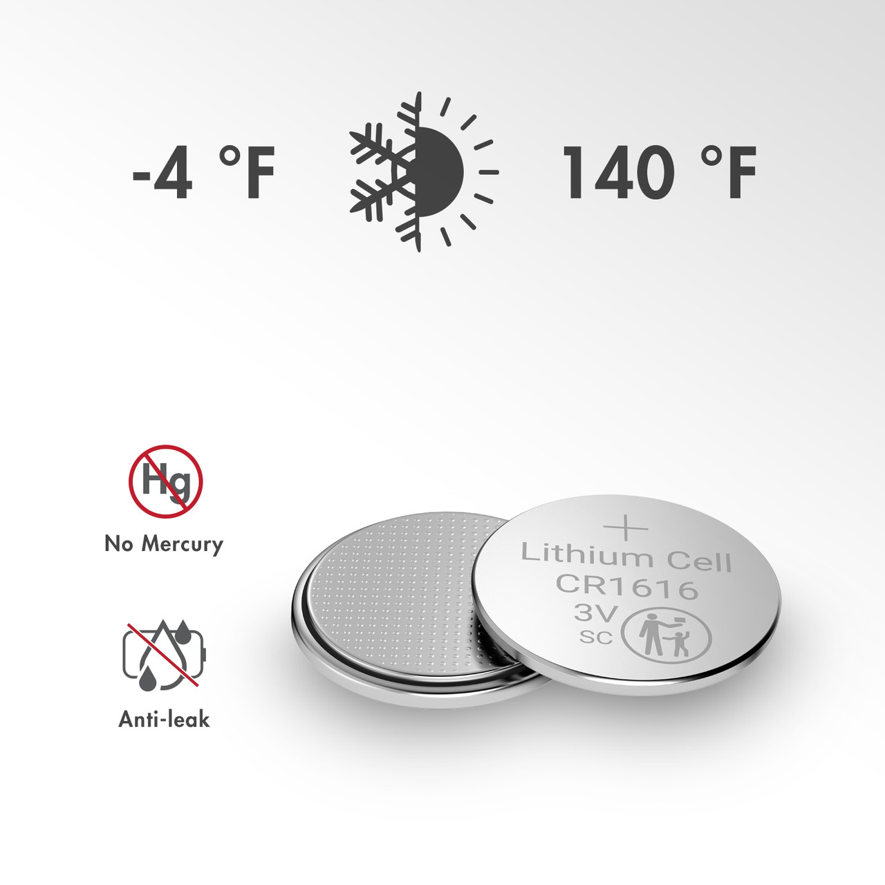 Mercury-free CR1616 coin cell with a wide temperature range for various outdoor sensors and monitors.