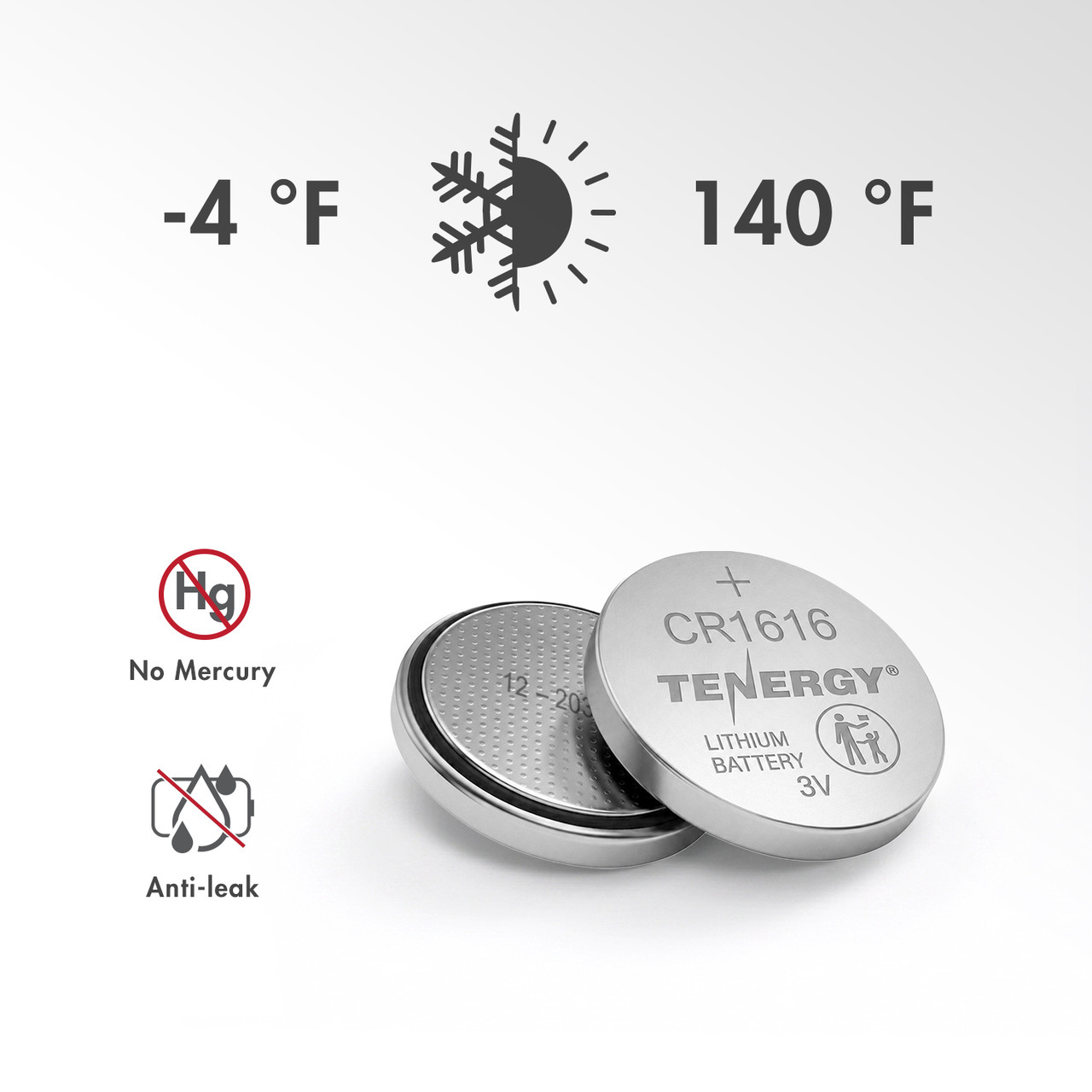 Mercury-free CR1616 coin cell with a wide temperature range for various outdoor sensors and monitors.