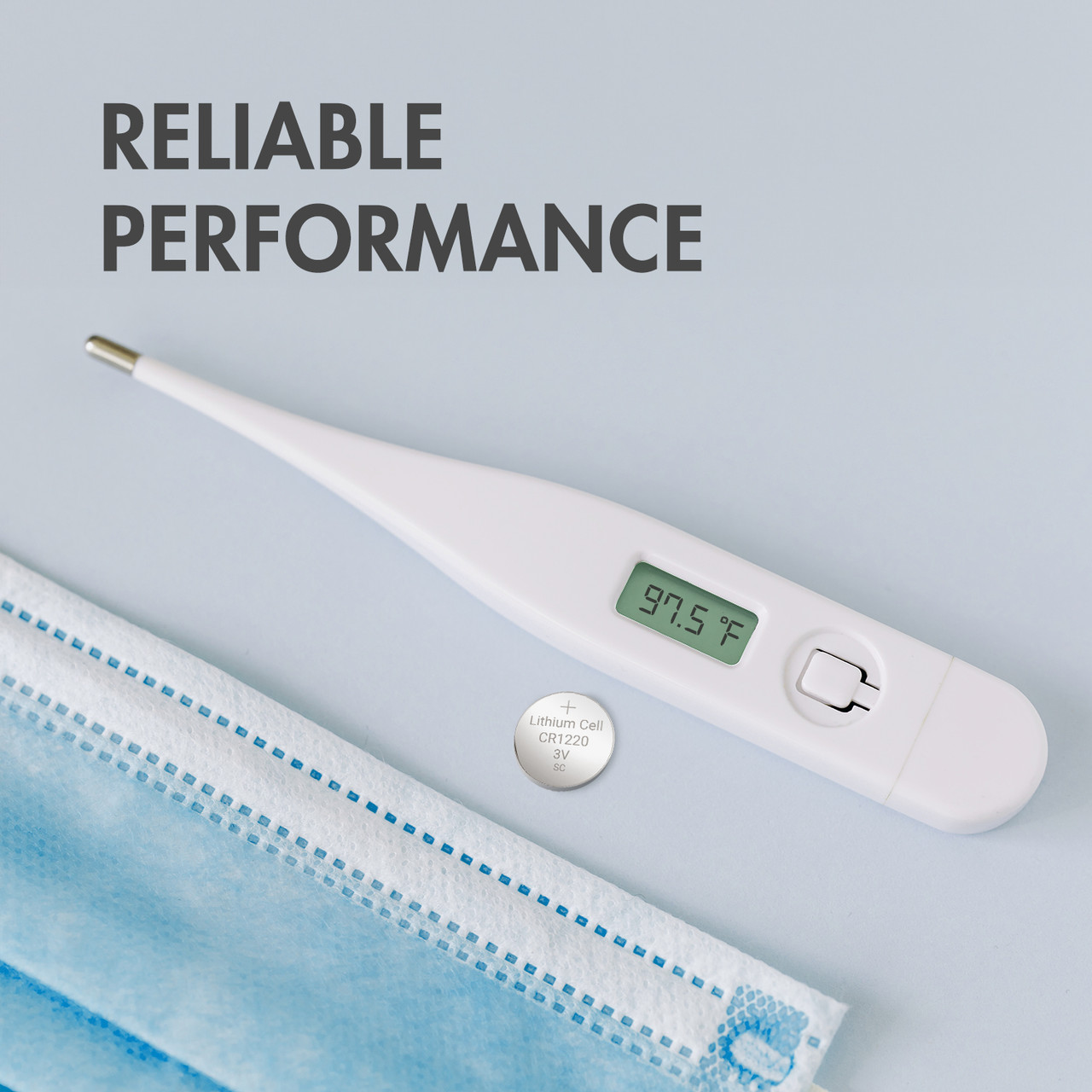 A CR1220 lithium battery ensures reliable performance in digital medical thermometers for home healthcare.