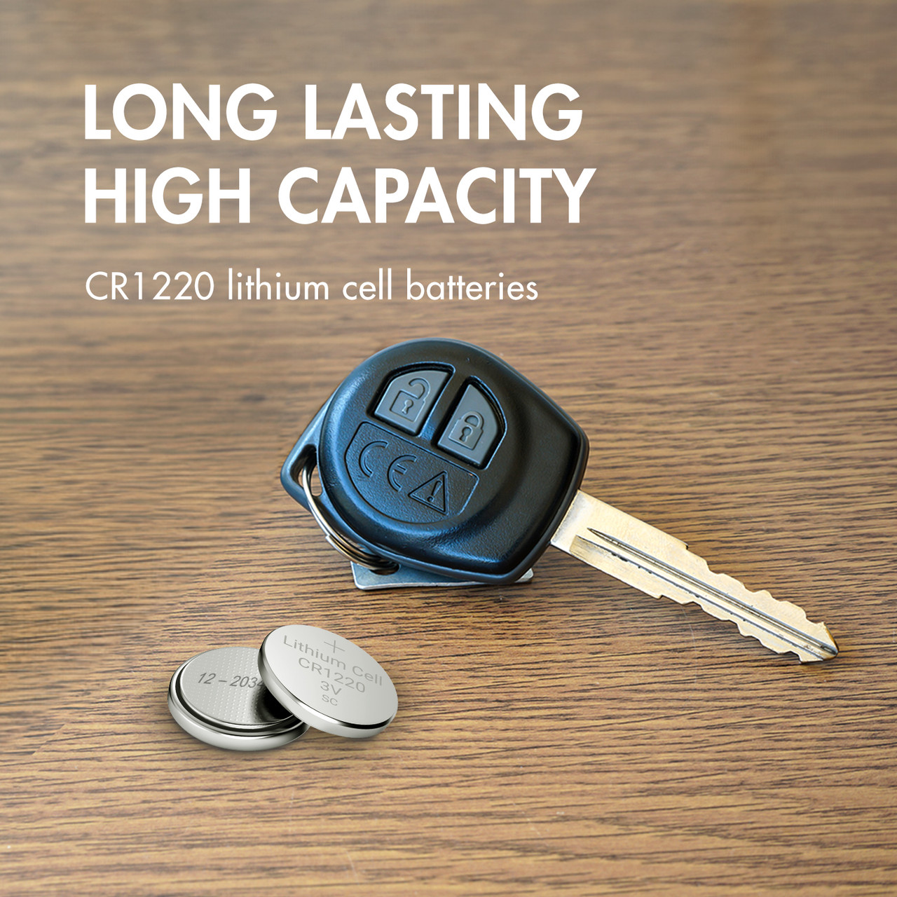 This CR1220 button cell battery provides long-lasting power for automotive key fobs and remote entry systems.