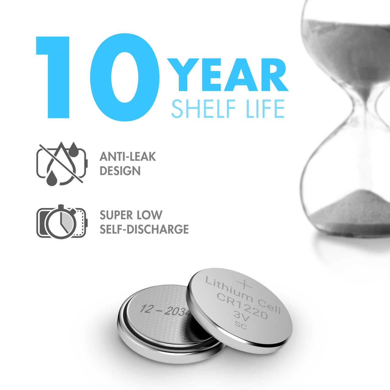 A CR1220 lithium battery features a 10-year shelf life and anti-leak design for long-term emergency storage.