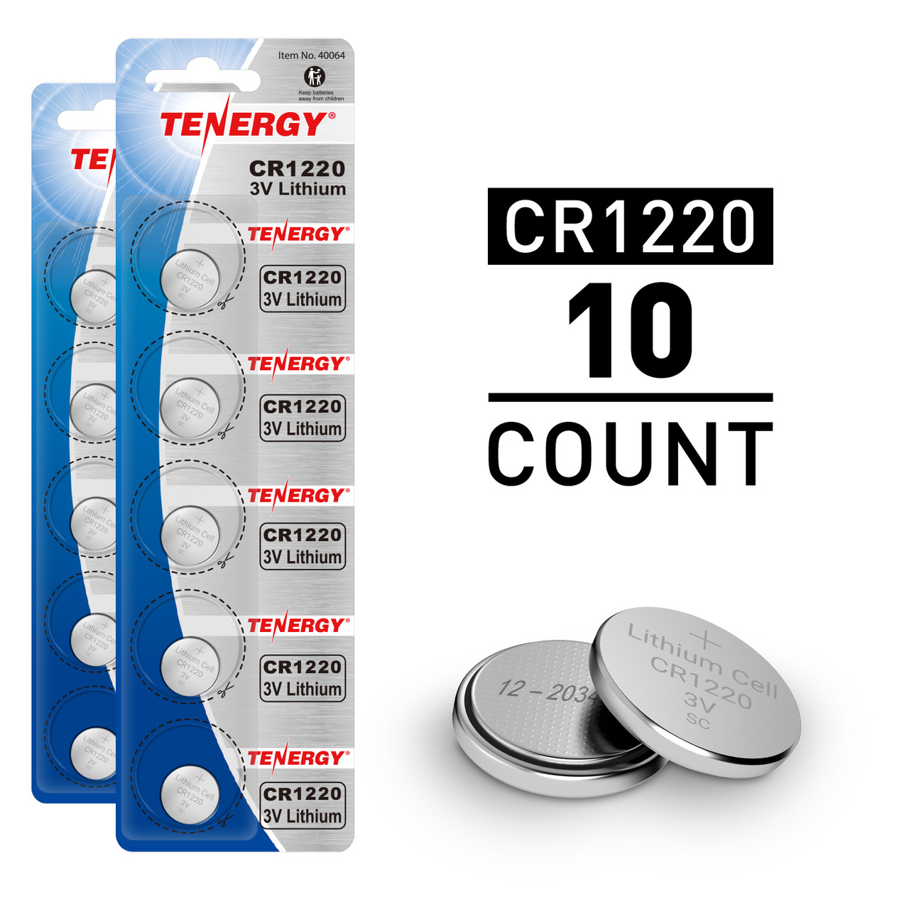 Tenergy CR1220 3V Lithium Button Cells, 10pcs (2 x Cards)