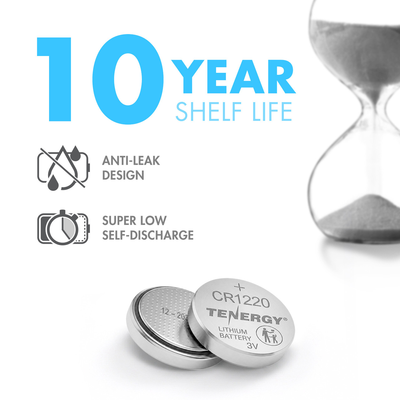 A CR1220 lithium battery features a 10-year shelf life and anti-leak design for long-term emergency storage.