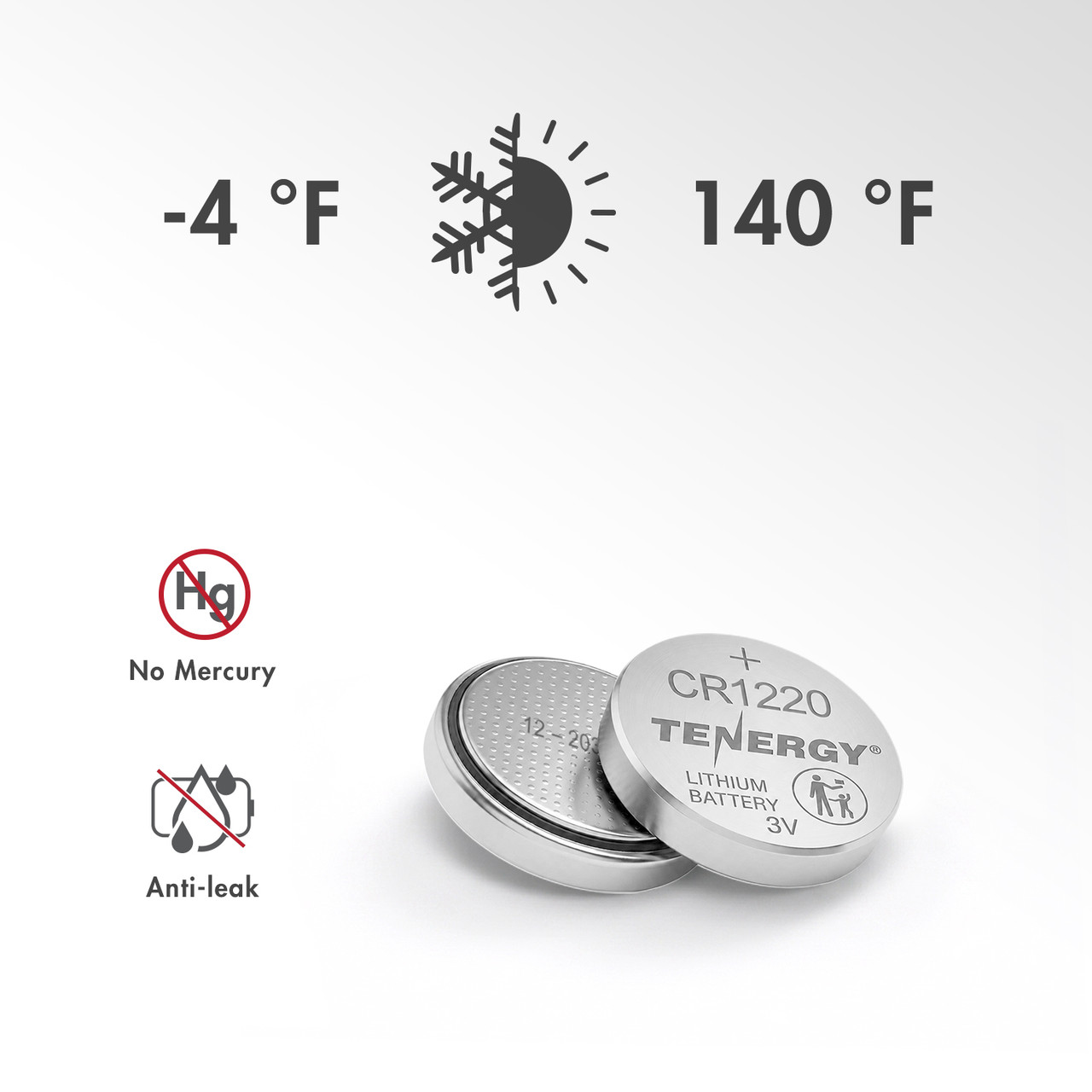 Mercury-free CR1220 3V batteries operate in extreme temperatures ranging from -4°F to 140°F for outdoor gear.