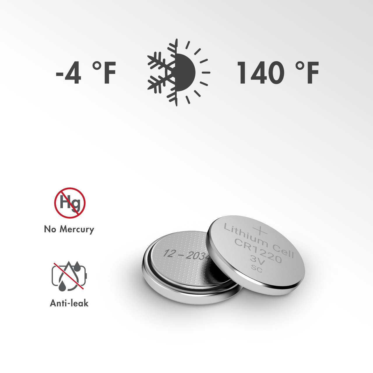 Mercury-free CR1220 3V batteries operate in extreme temperatures ranging from -4°F to 140°F for outdoor gear.