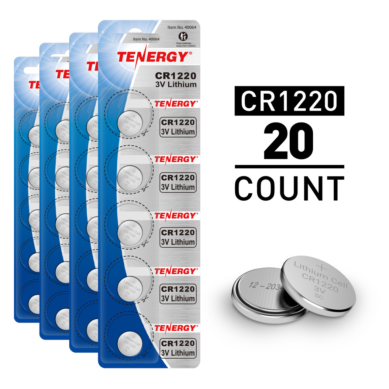 Tenergy CR1220 20-count pack of 3V lithium coin cells provides reliable energy for small household devices.