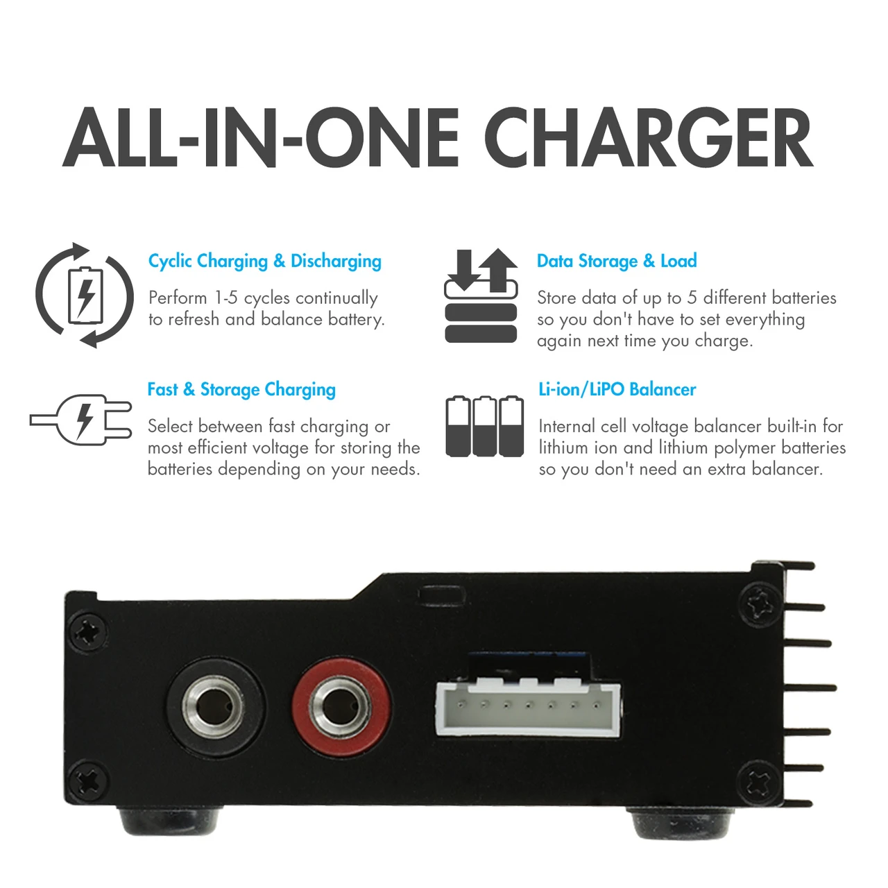 All-in-one battery management system featuring cyclic discharging and internal voltage balancing for LiPo packs.