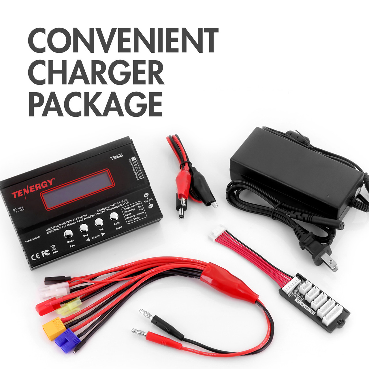 Complete balance charger kit including power adapter and multi-connector cables for versatile charging setups.