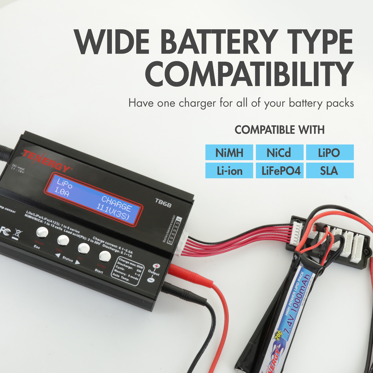 Versatile hobby battery charger compatible with NiMH, Li-ion, and LiFePO4 chemistry types for RC enthusiasts.