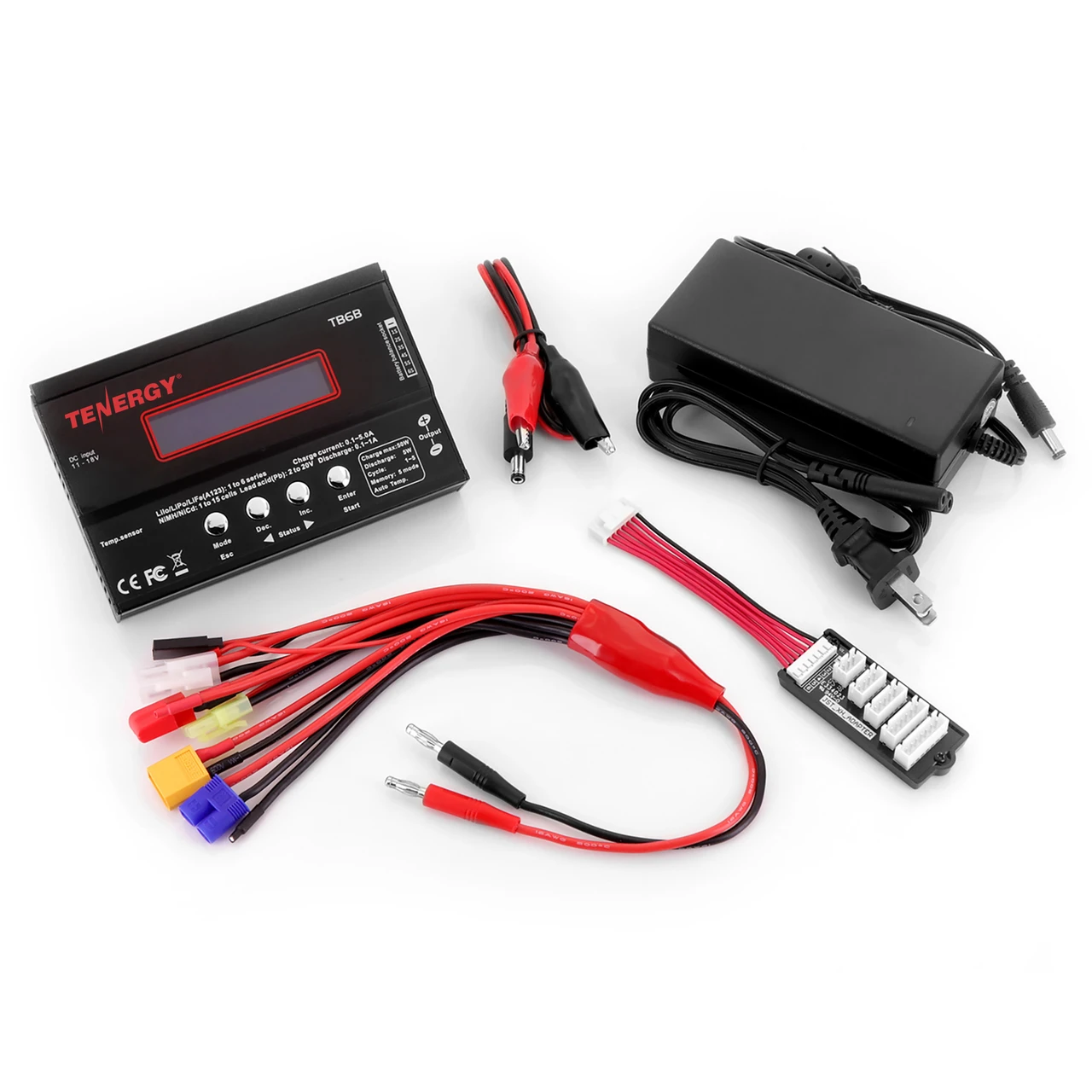 Complete balance charger kit including power adapter and multi-connector cables for versatile charging setups.
