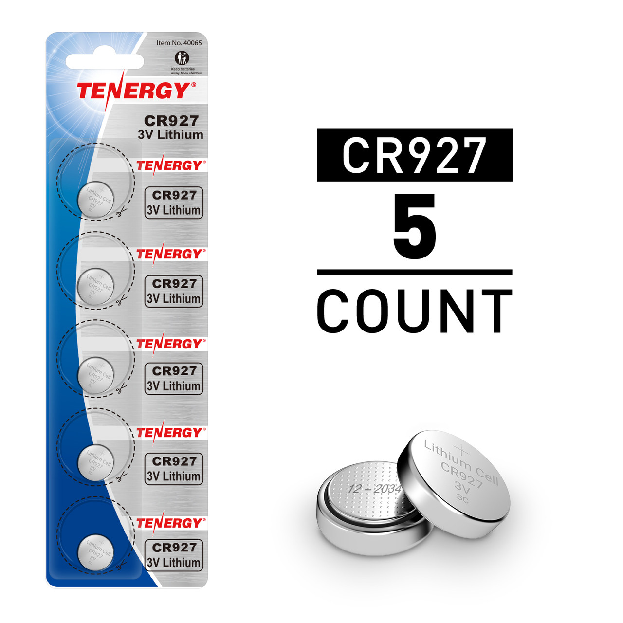 Tenergy CR927 5-count pack of 3V lithium coin cells provides steady power for small electronic applications.