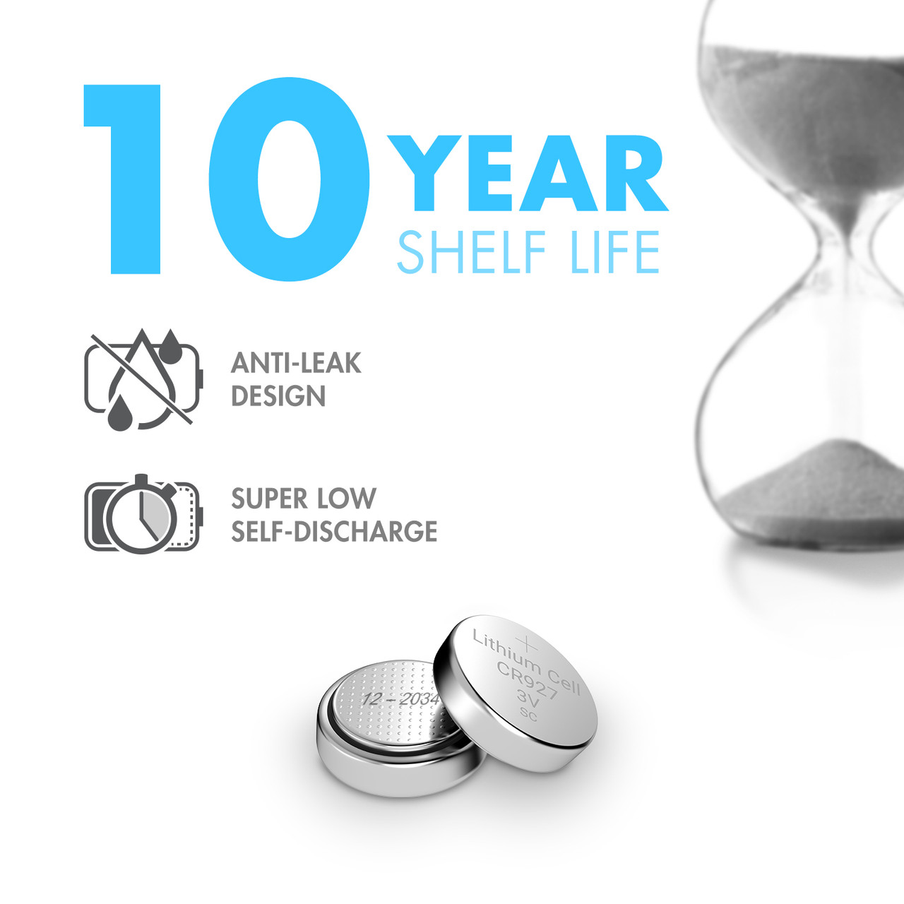 A CR927 lithium battery features a 10-year shelf life and anti-leak design for long-term device storage.