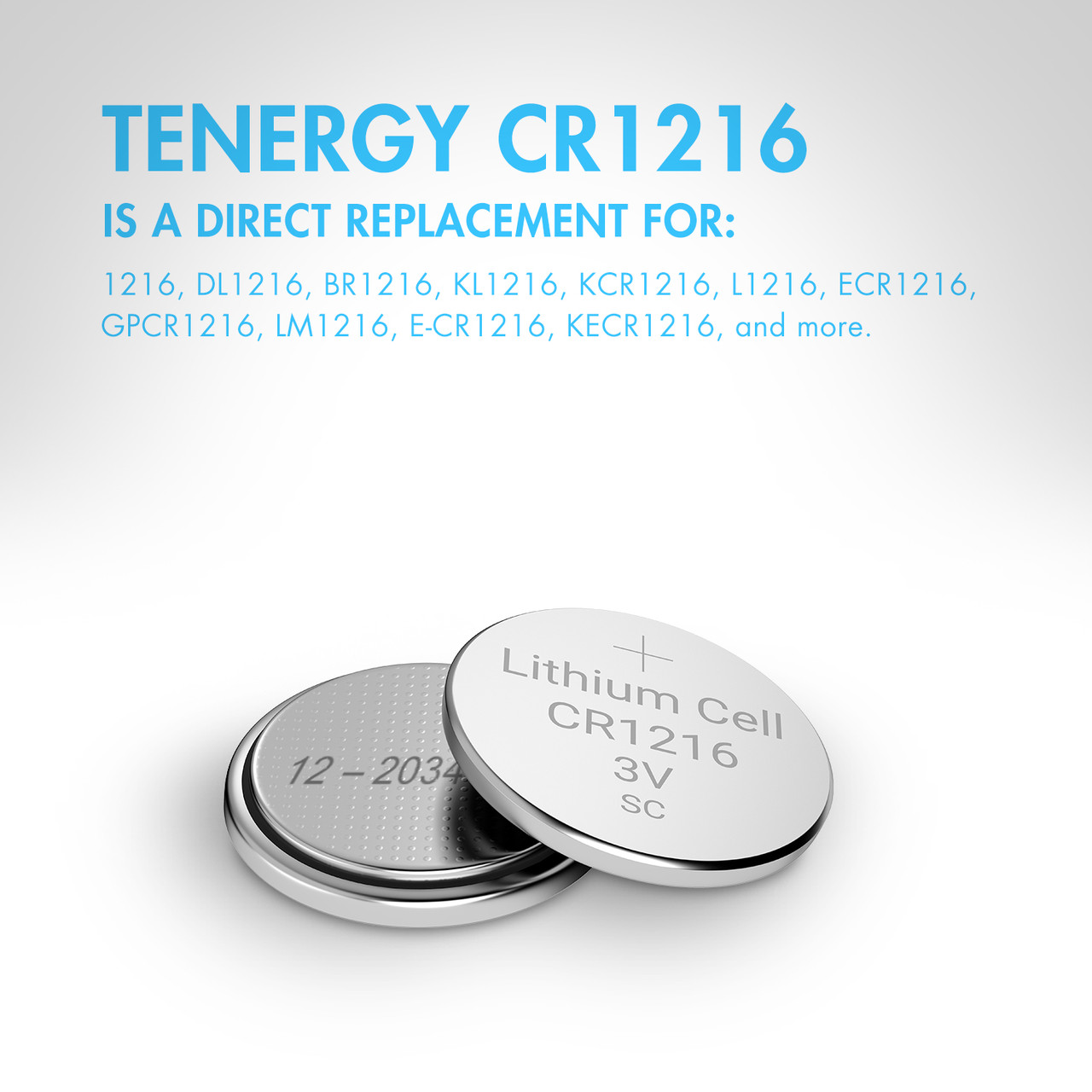 Tenergy CR1216 lithium button cell as a direct replacement for DL1216 and BR1216 models.