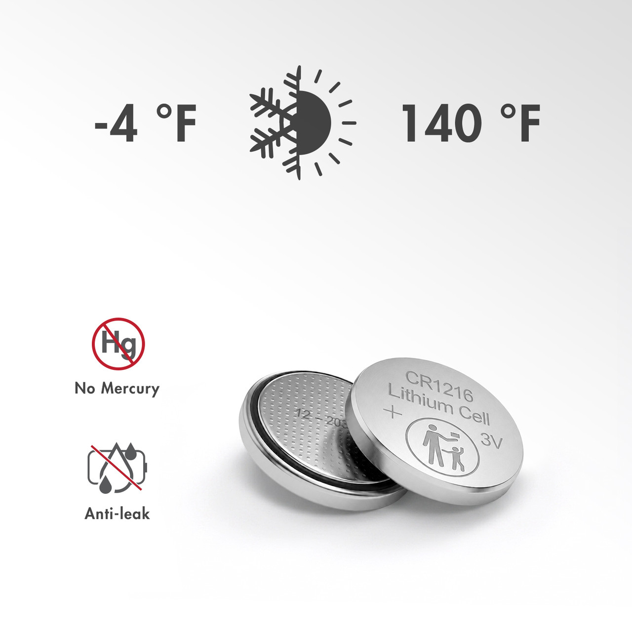 Leak-resistant CR1216 coin battery with a mercury-free design for extreme temperatures.