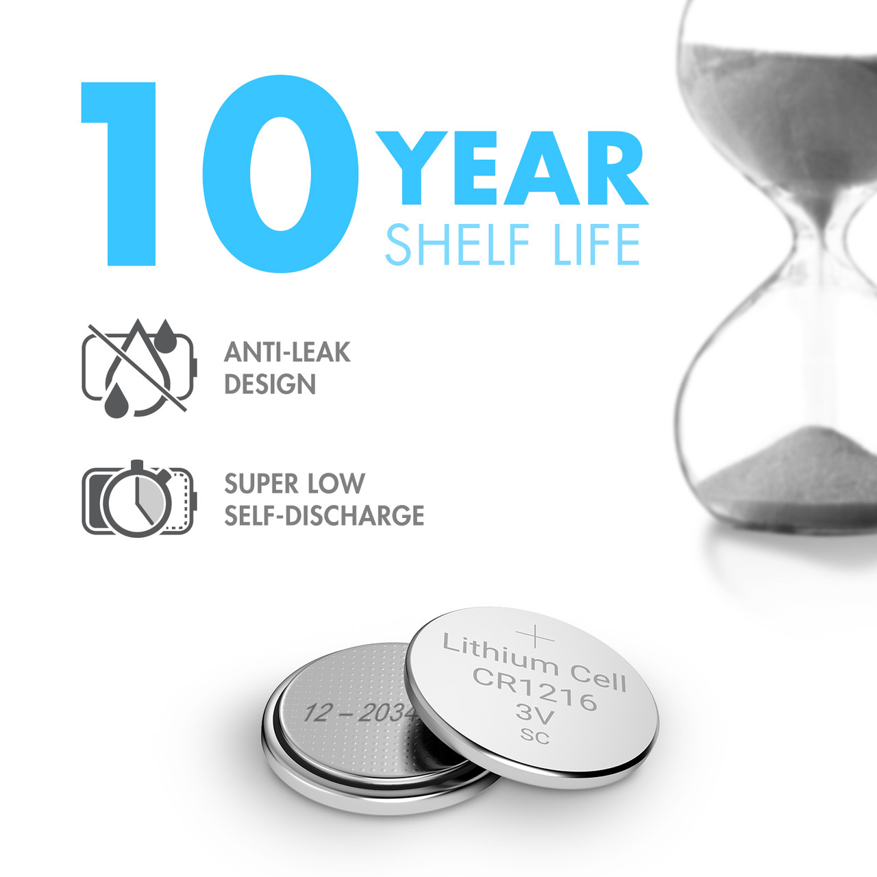 CR1216 3V lithium battery with a 10-year shelf life and super low self-discharge rate.