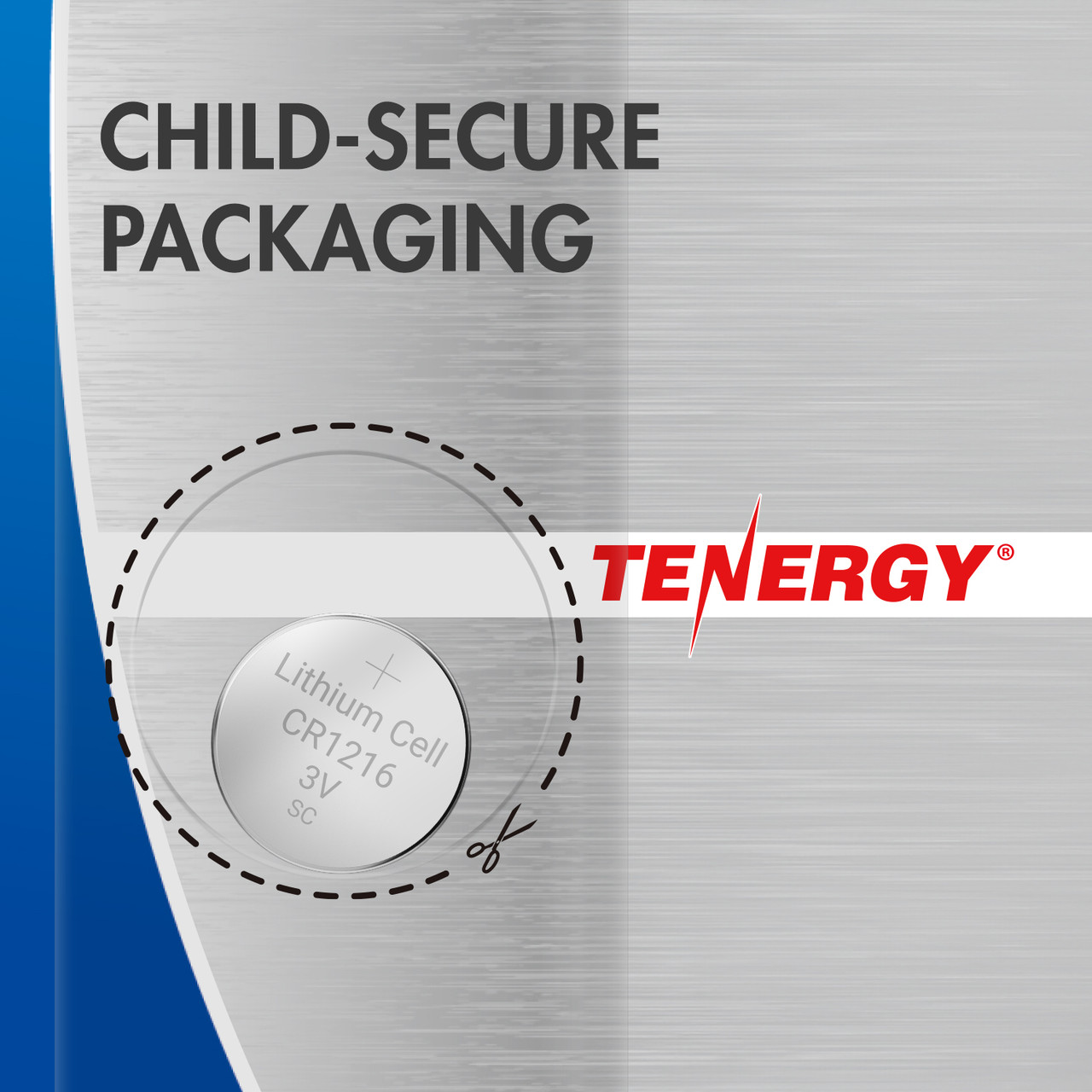 Child-secure packaging for a Tenergy CR1216 button cell to prevent accidental ingestion.