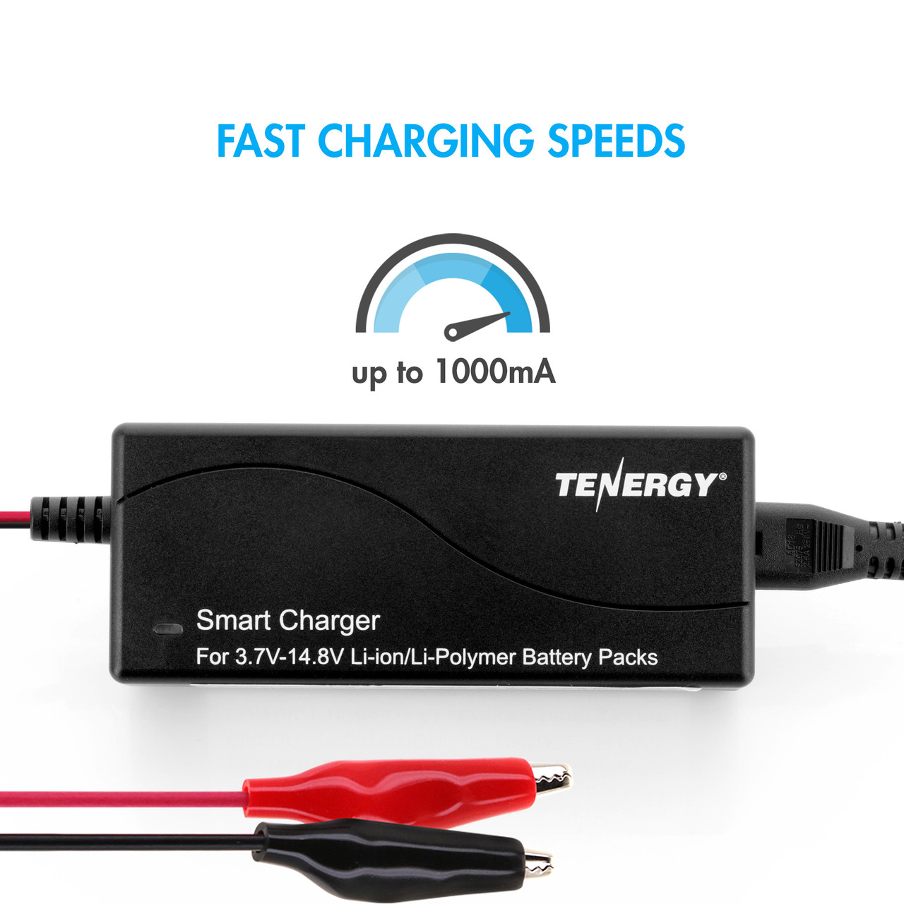 Tenergy smart charger showing a 1000mA charging speed for fast-acting Li-polymer battery pack replenishment.