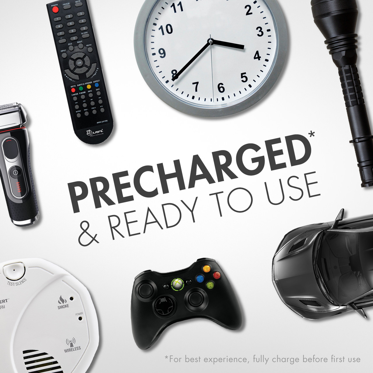 Precharged rechargeable batteries ready to use in a TV remote, gaming controller, or flashlight.