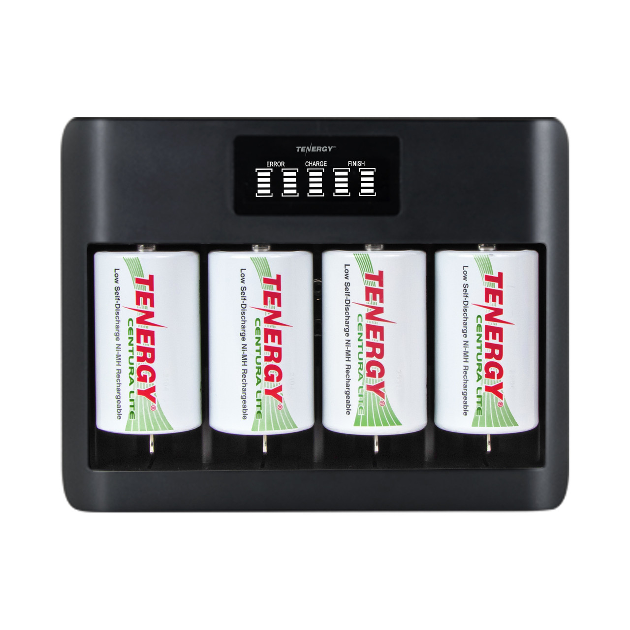 Tenergy battery charger and five pack of Centura Lite D batteries featuring five LCD status bars to monitor charging progress for various sizes.