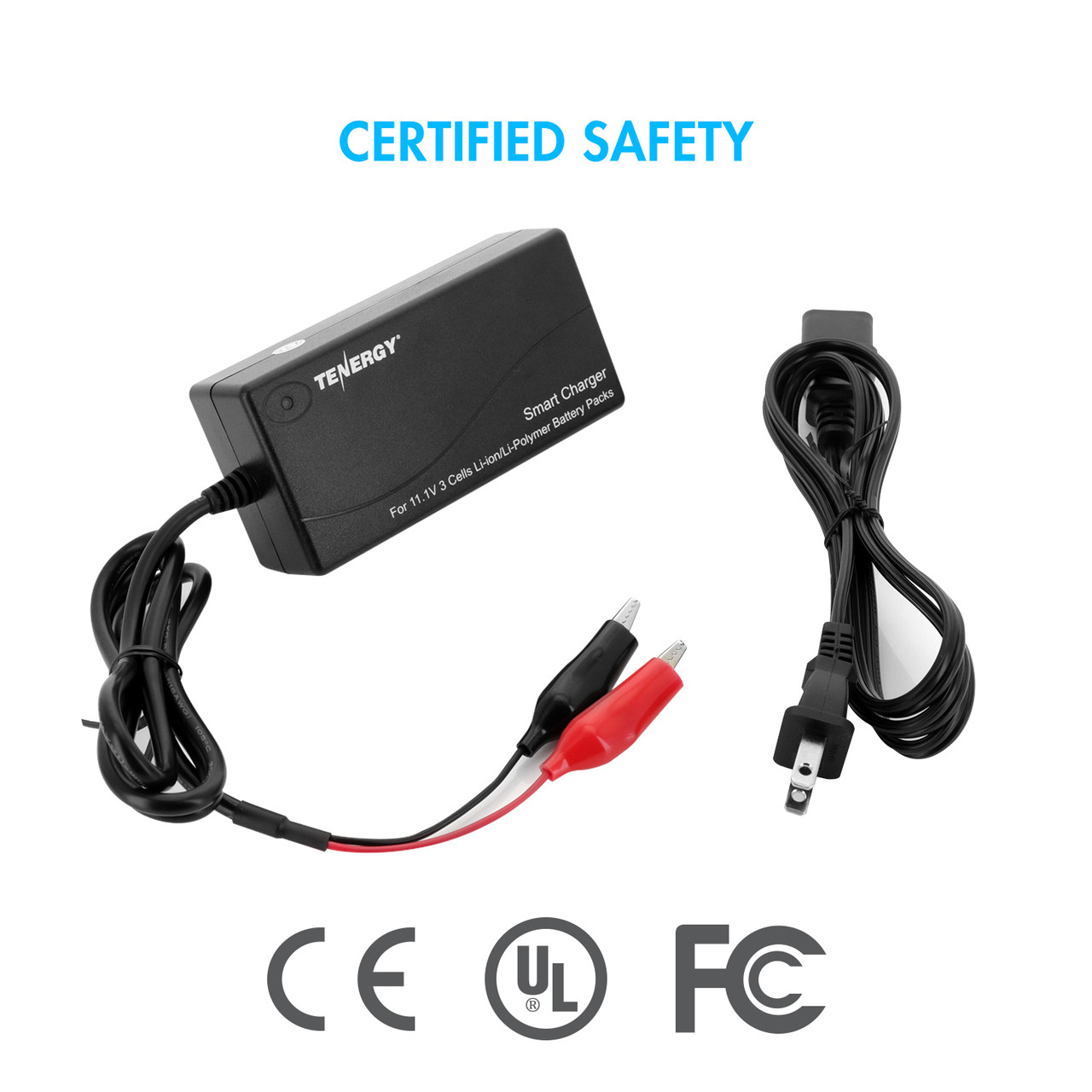 Tenergy smart charger with alligator clips and power cable features UL certification for electronics users.