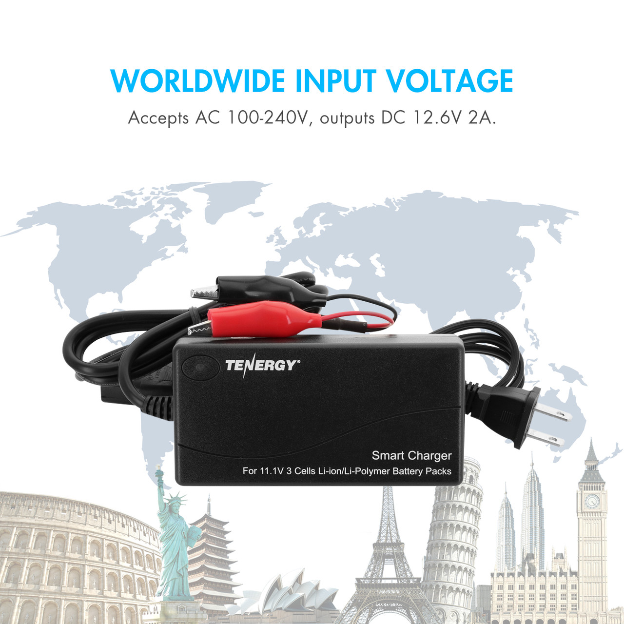 Universal battery charger accepts worldwide input voltage to power 12.6V DC devices for international travelers.