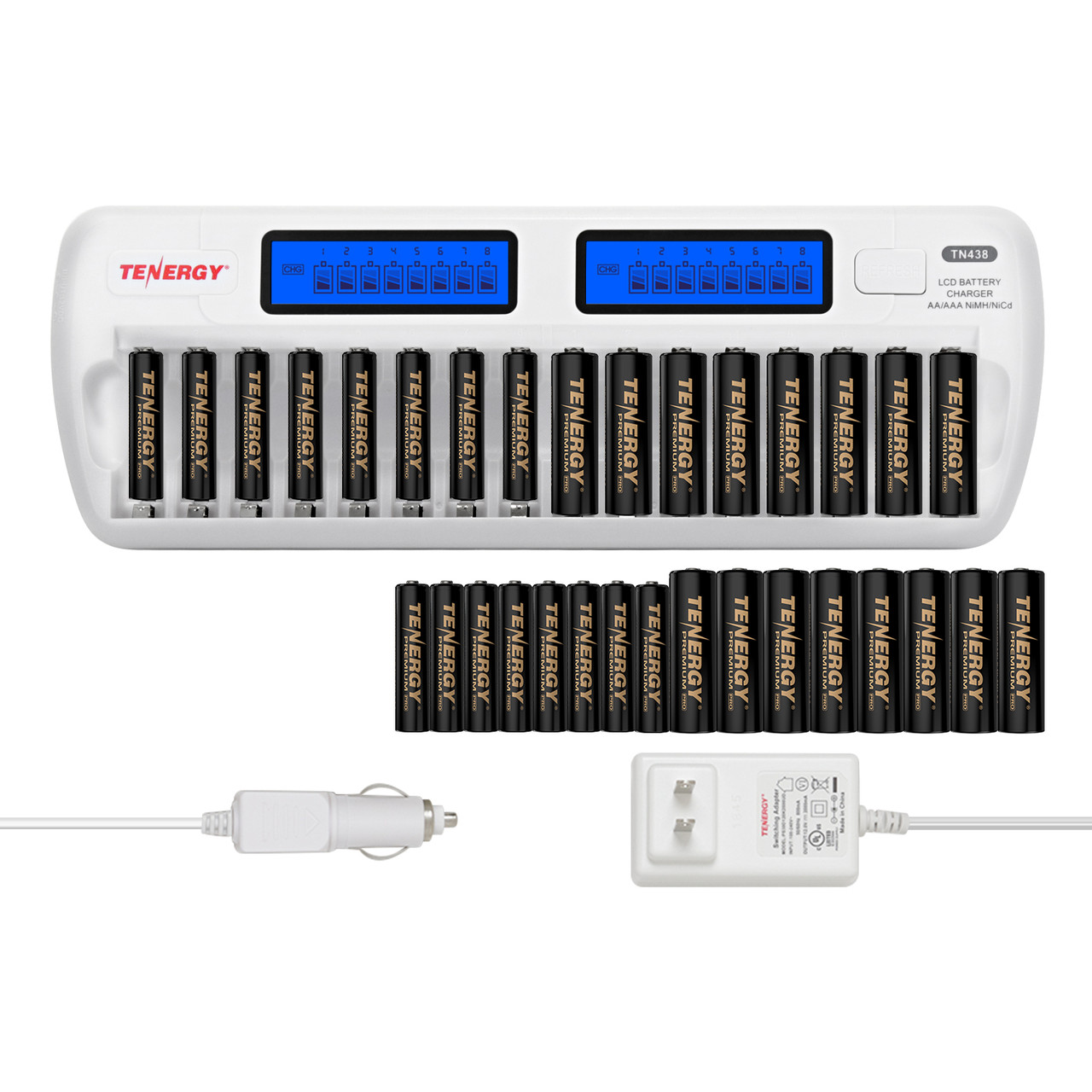 Tenergy 16 Pack Premium Pro AA 16 Pck AAA Rechargeable Batteries, and TN438 16 Bay Battery Charger